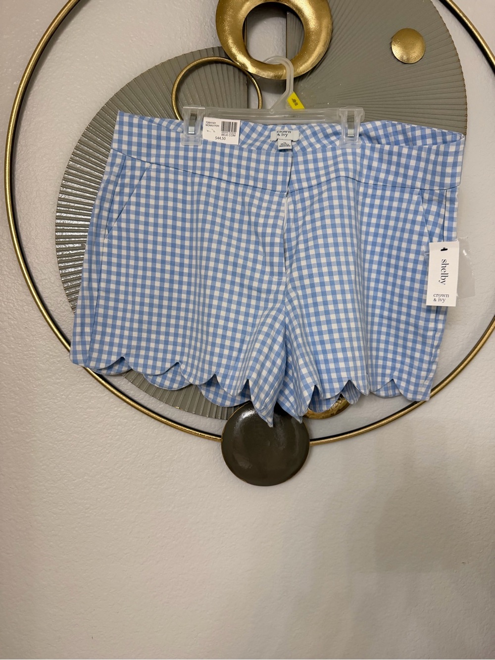 crown & ivy Blue Gingham Scalloped Hem High Waist Shorts